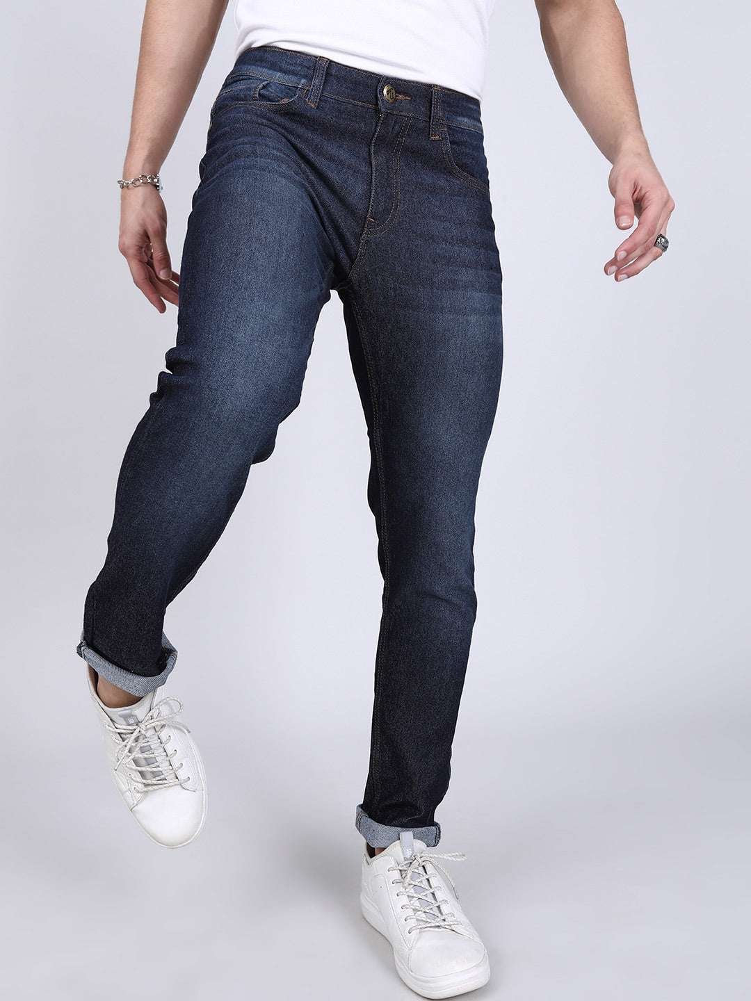 Men's Blue Slim Fit Solid Mid-Rise Jeans
