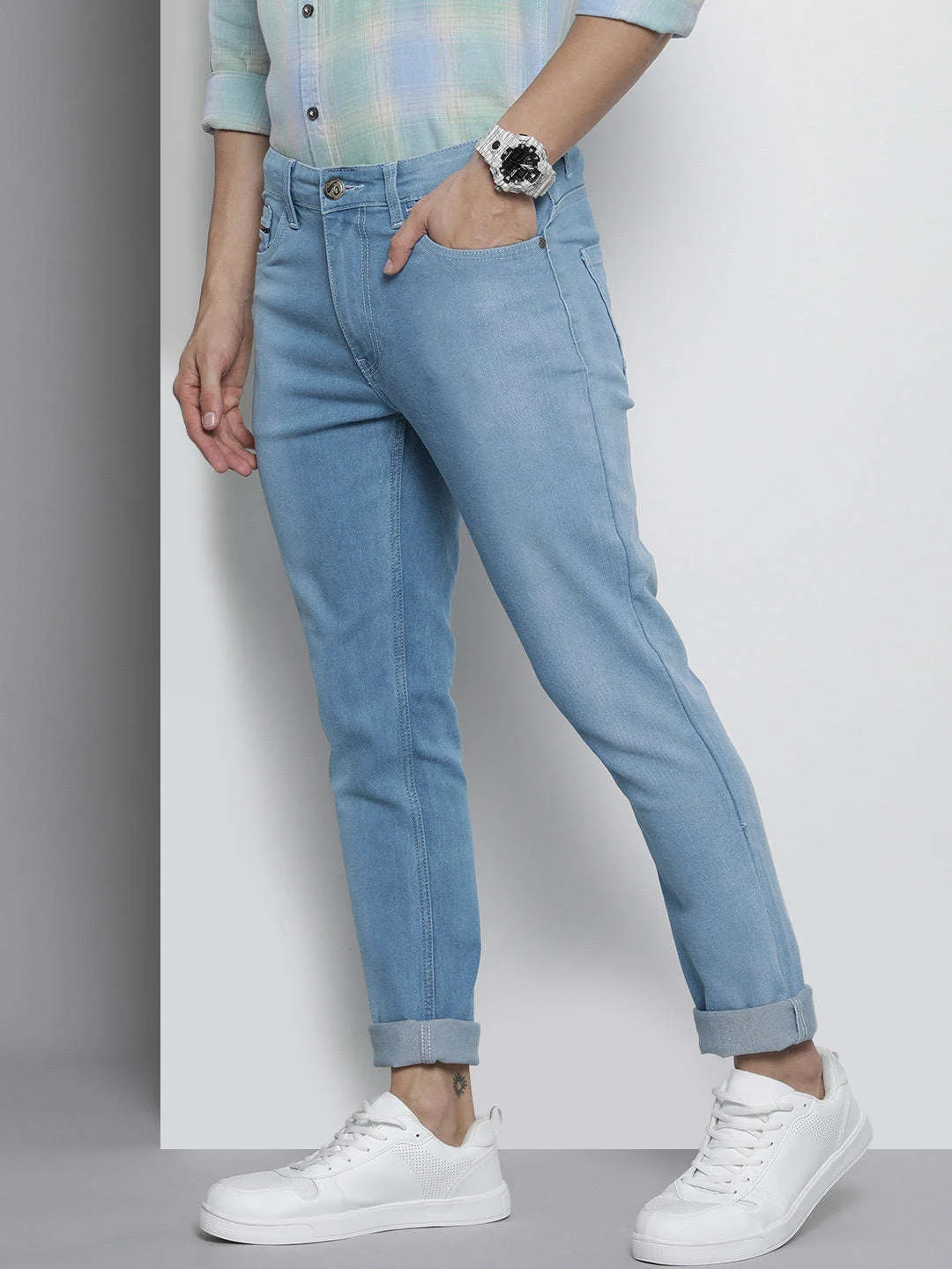 Men's Blue Slim Fit Solid Mid-Rise Stretchable Jeans - Image 2