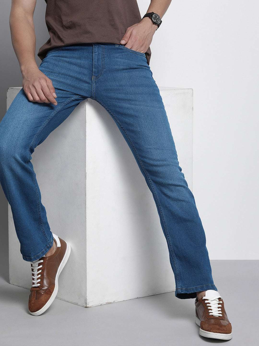 Men's Blue Bootcut Solid Mid-Rise Stretchable Jeans