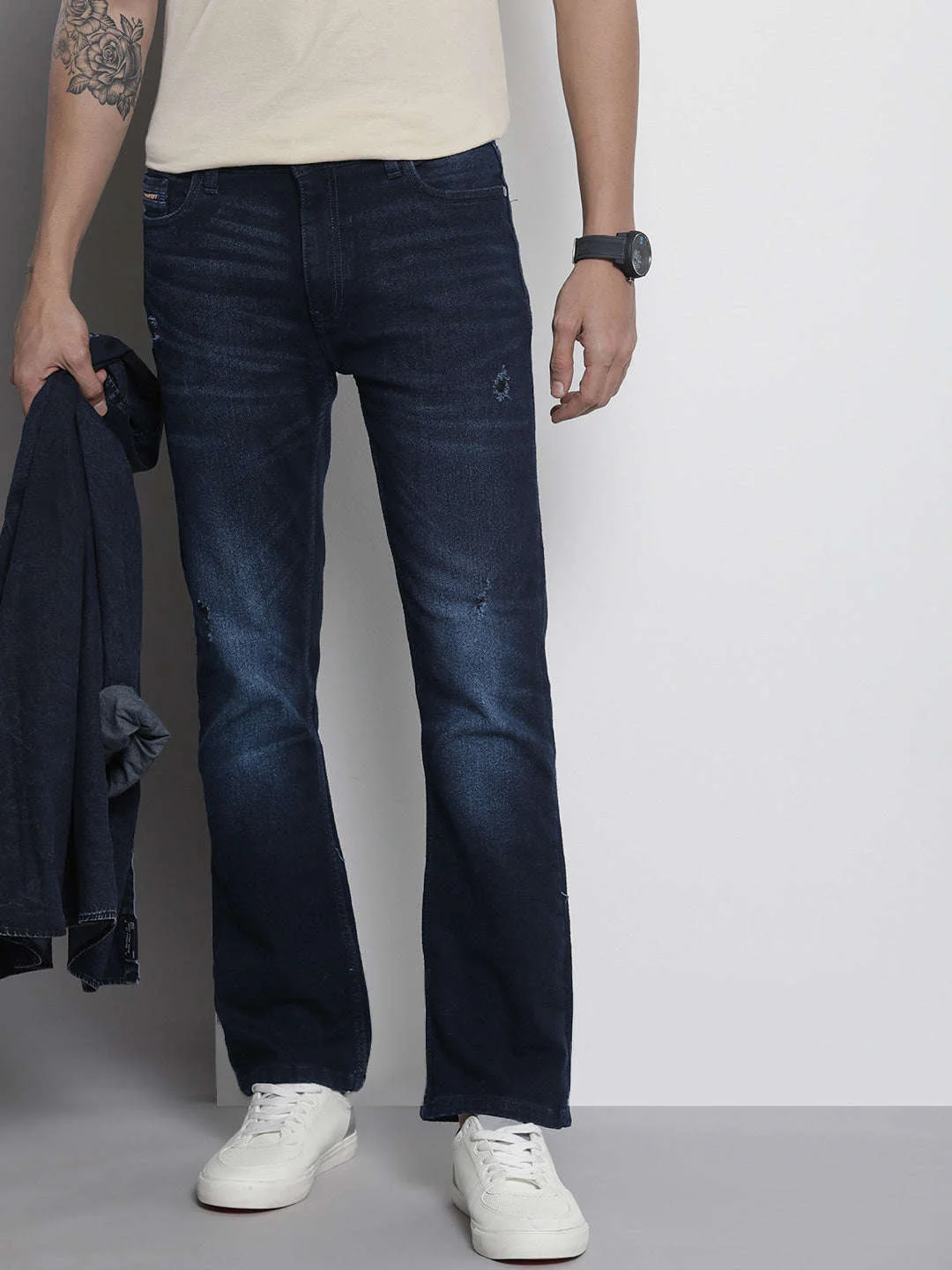 Men's Blue Bootcut Solid Mid-Rise Stretchable Jeans