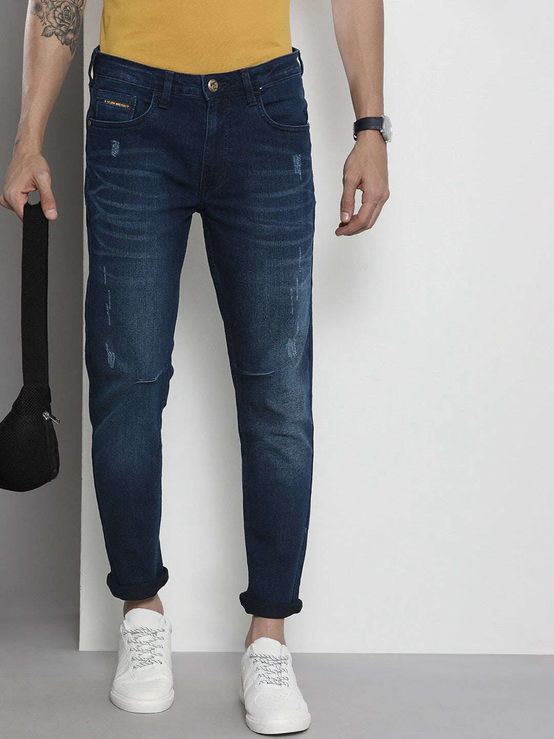Men's Blue Carrot Fit Solid Mid-Rise Stretchable Jeans