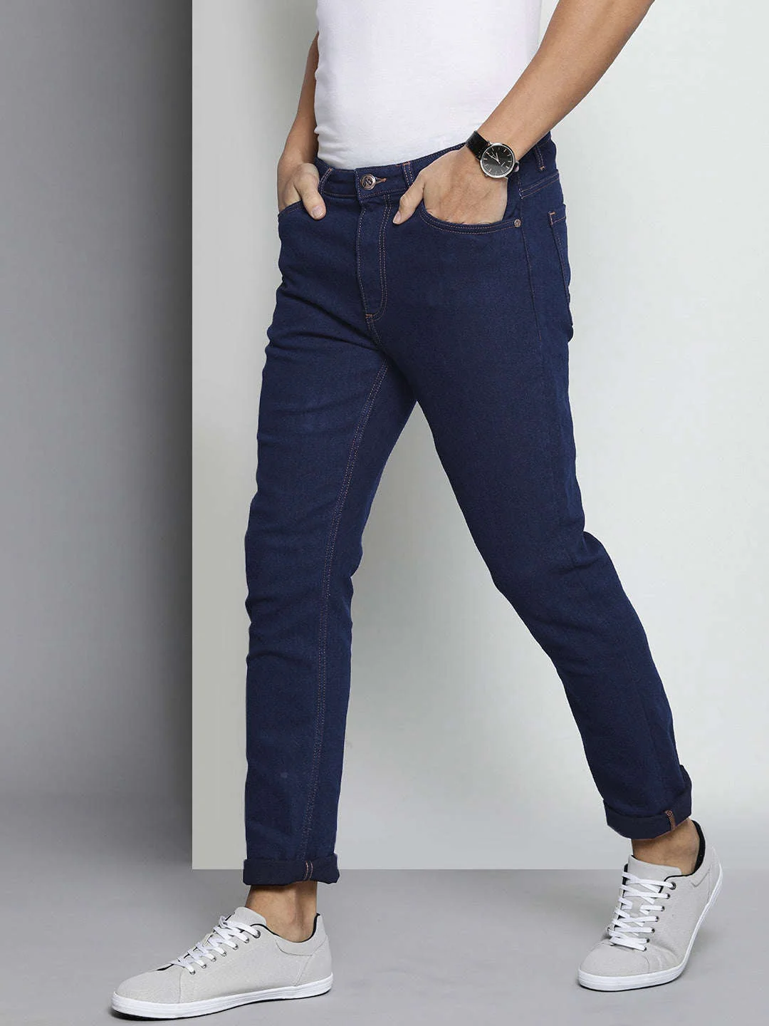 Men's Dark Blue Slim Fit Solid Casual Jeans