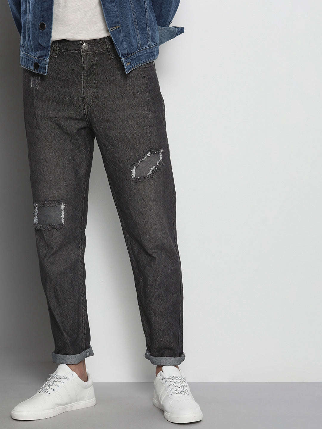 Men's Grey Dad Fit Distressed Mid-Rise Jeans