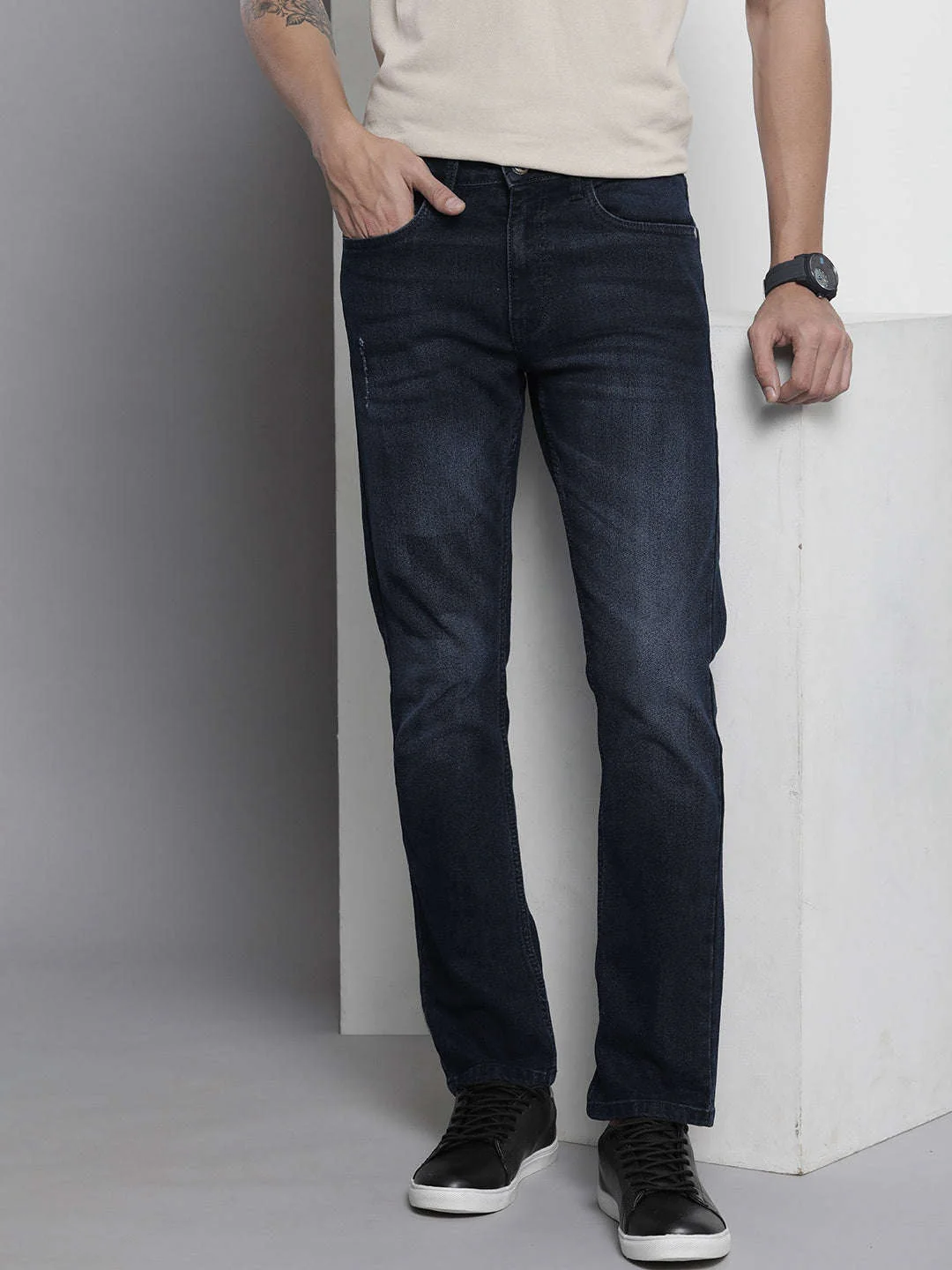 Men's Blue Slim Straight Fit Solid Mid-Rise Stretchable Jeans