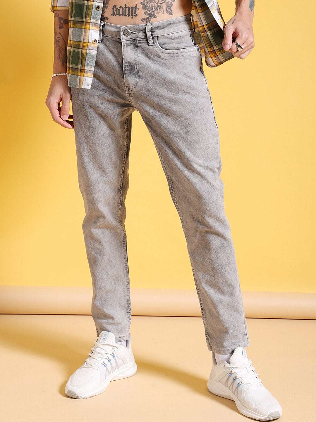 Men's Grey Slim Fit Solid Street Wear Jeans