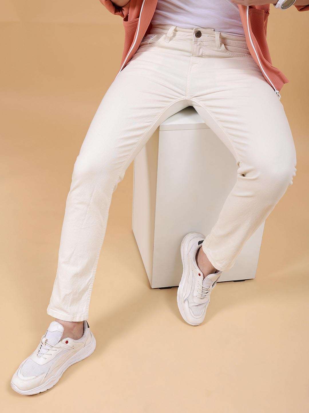 Men's White Slim Fit Solid Mid-Rise Stretchable Jeans
