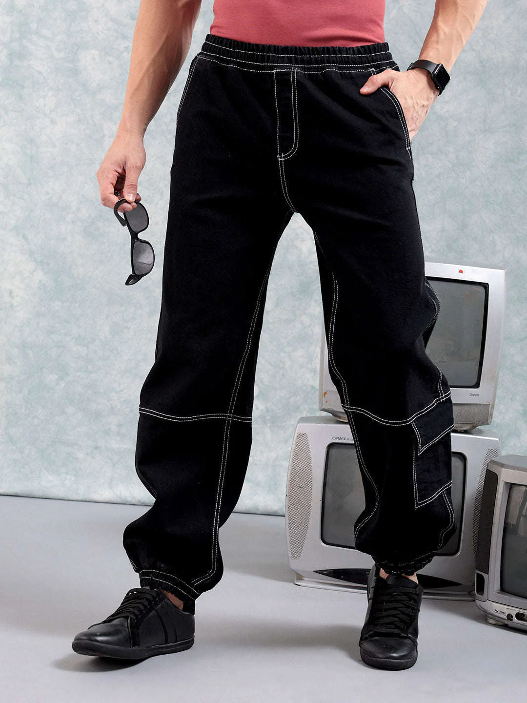 Men's Black Loose Fit Solid Street Wear Jeans