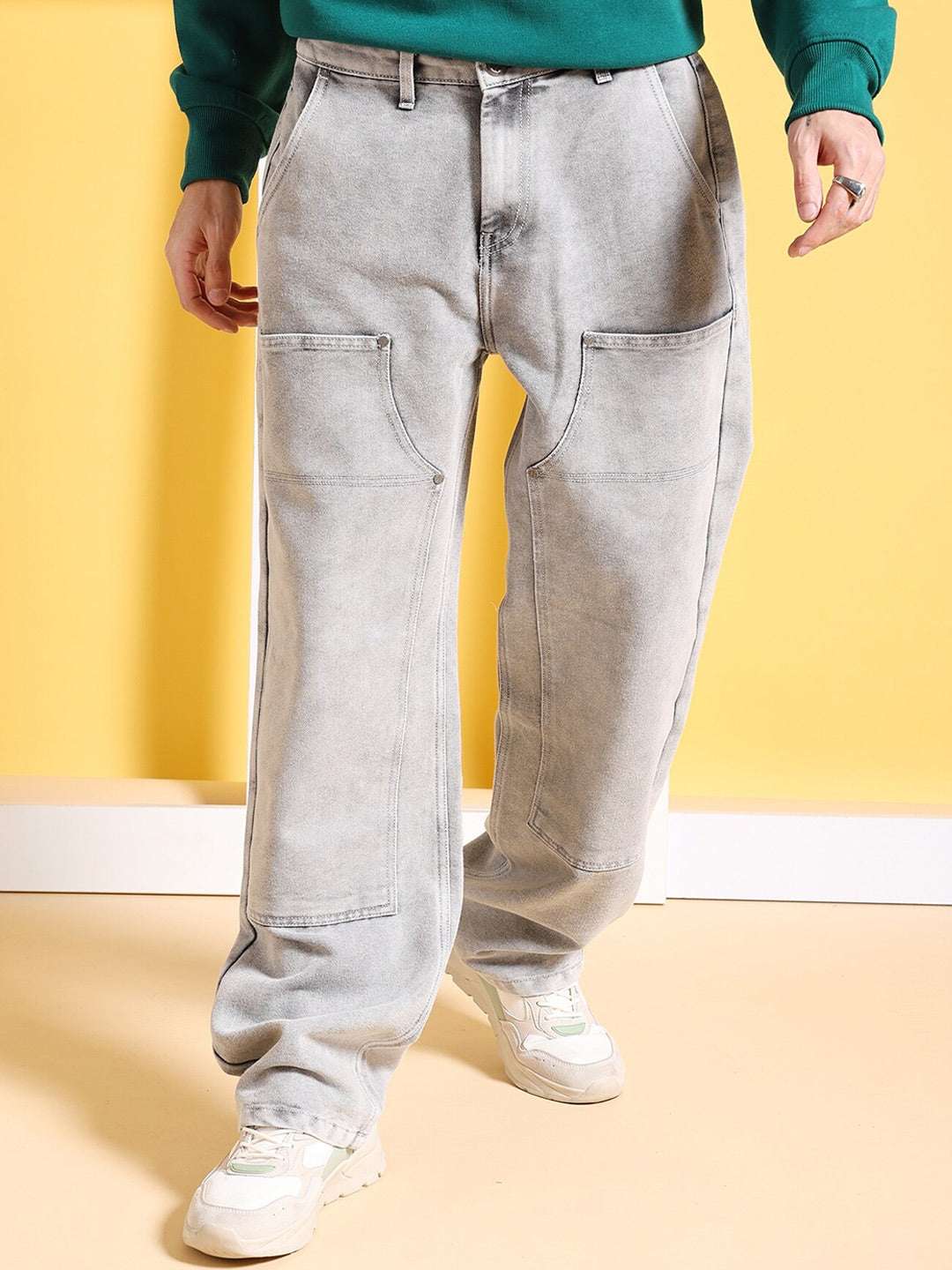Men's Grey Baggy Fit Solid Mid-Rise Carpenter Denim