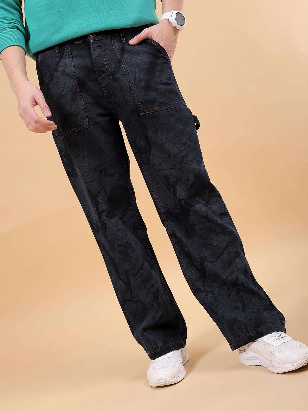 Men's Dark Blue Baggy Fit Solid Casual Jeans