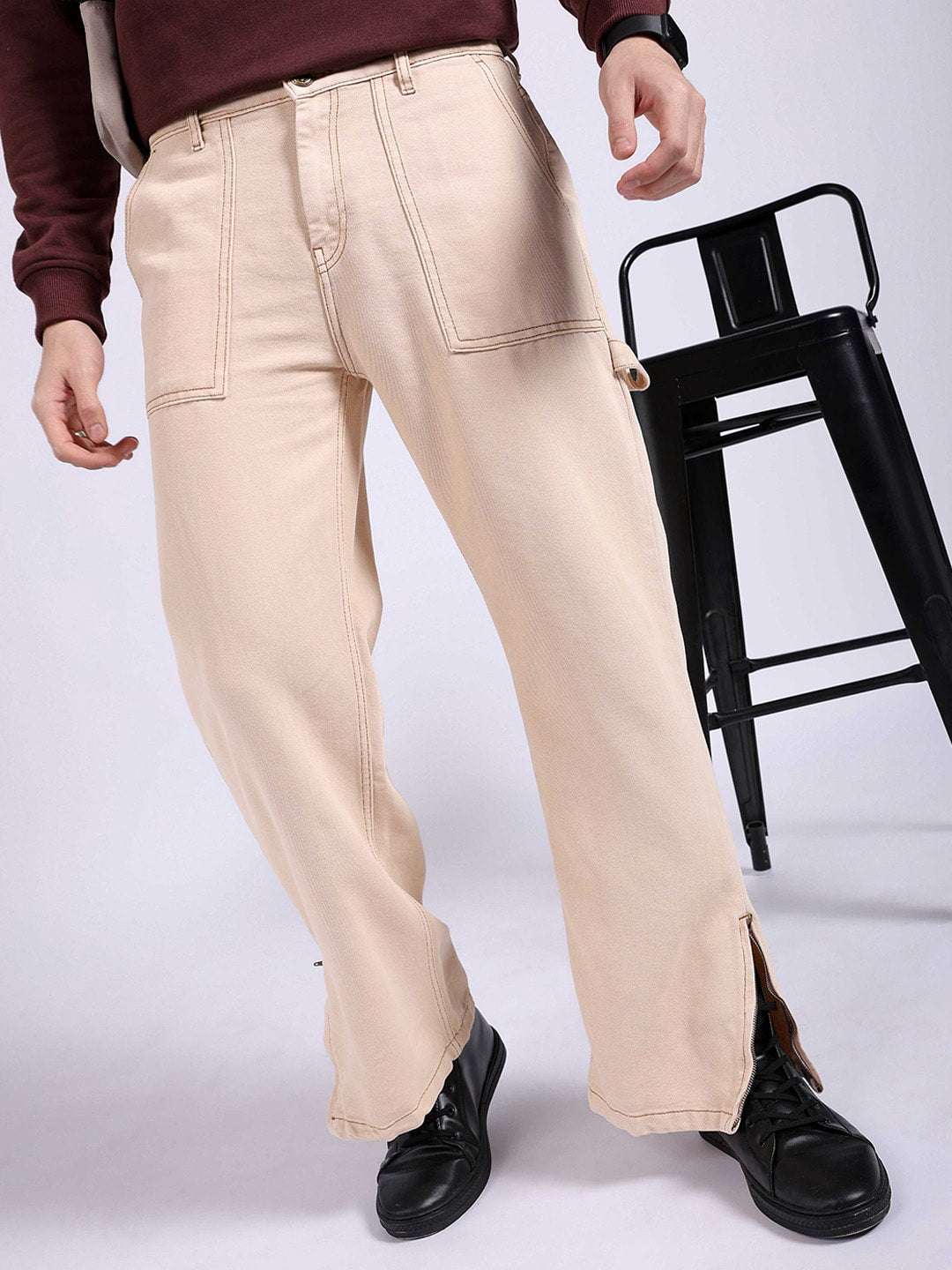 Men's White Baggy Solid Mid-Rise Stretchable Jeans