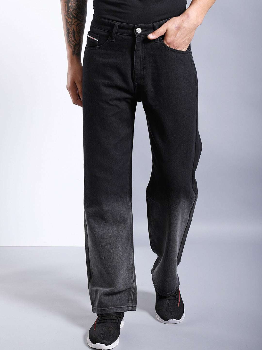 Men's Black Baggy Solid Mid-Rise Stretchable Jeans