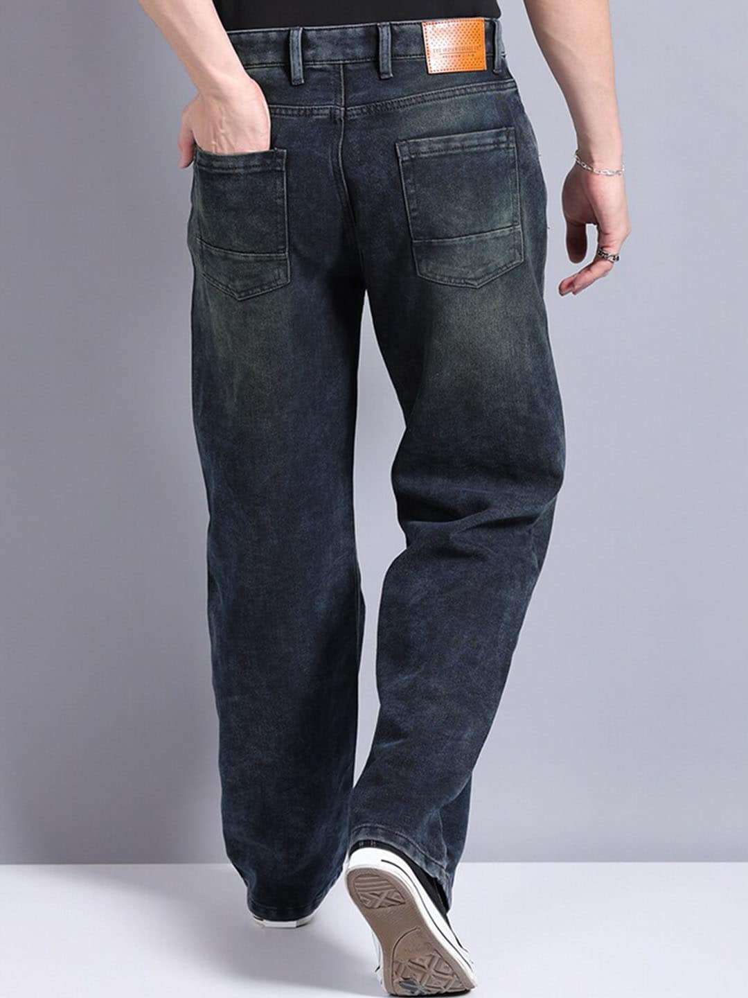 Men's Navy Blue Baggy Fit Solid Casual Jeans - Image 3