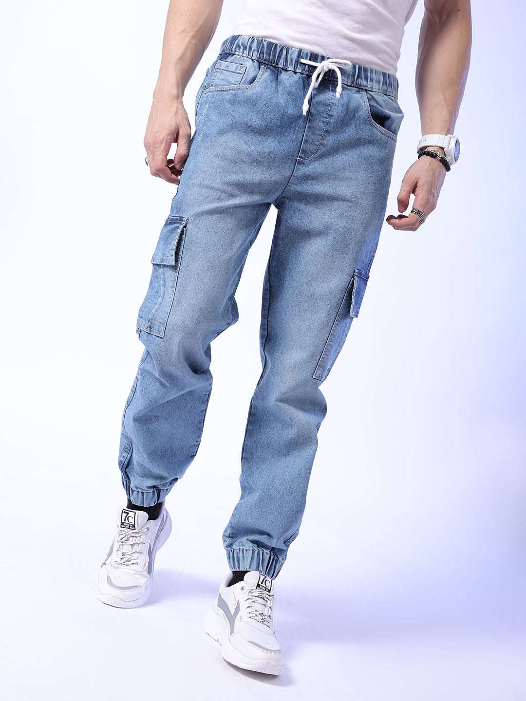 Men's Navy Regular Fit Solid Mid-Rise Stretchable Denim Cargo Joggers