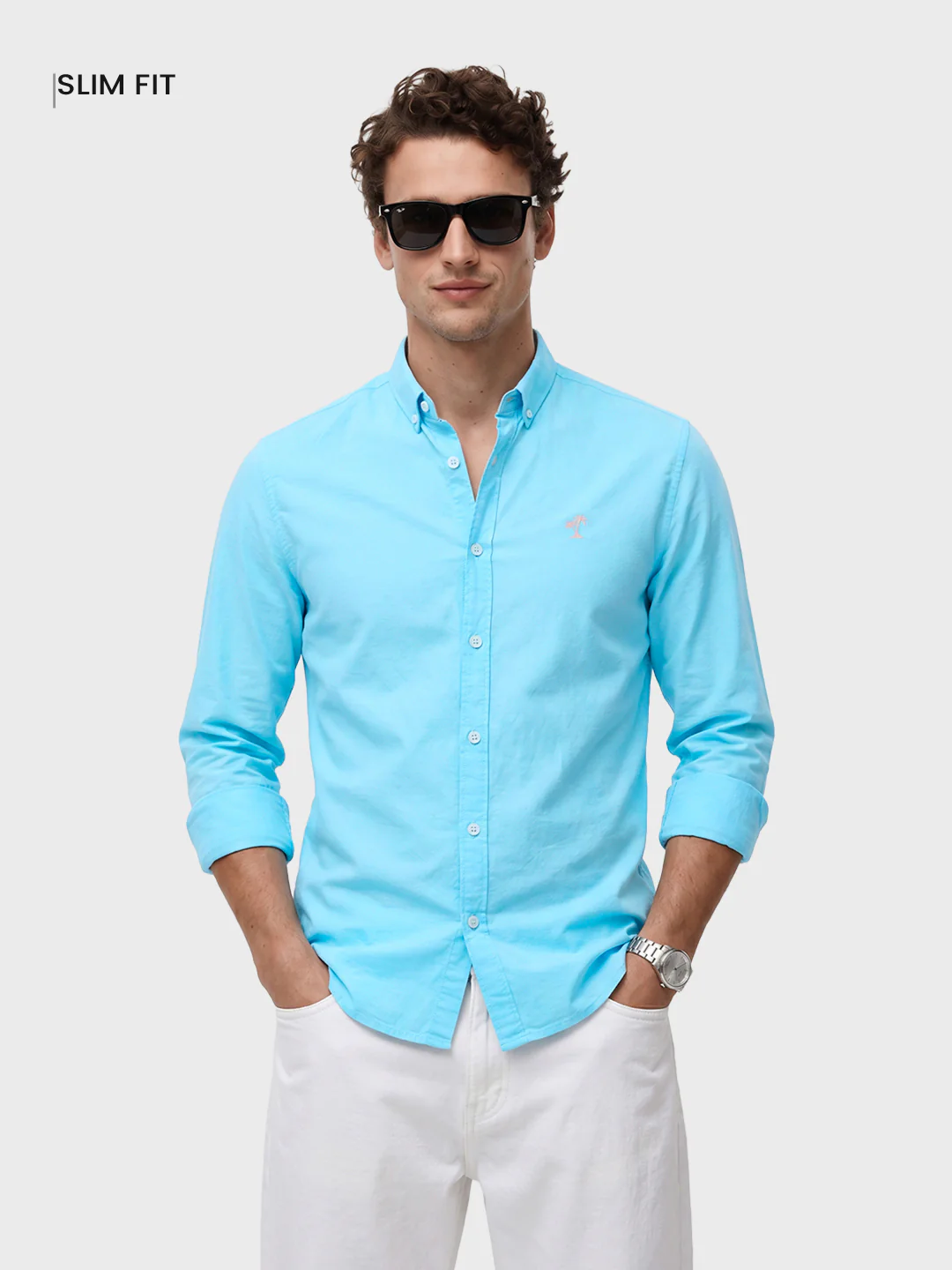 Men's Blue Slim Fit Solid Casual Shirt - Image 2
