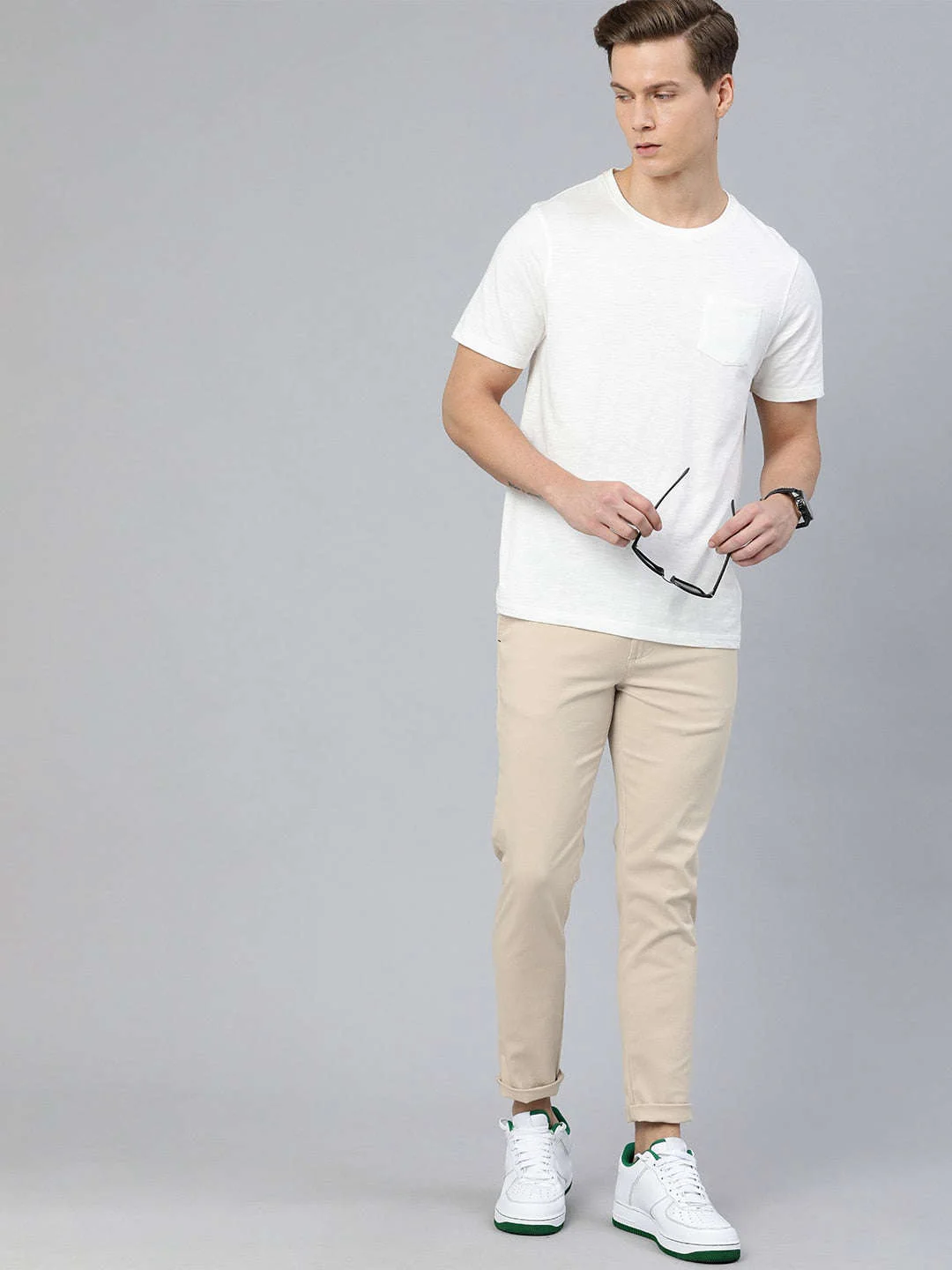 Men's Beige Slim Fit Regular Trousers - Image 5