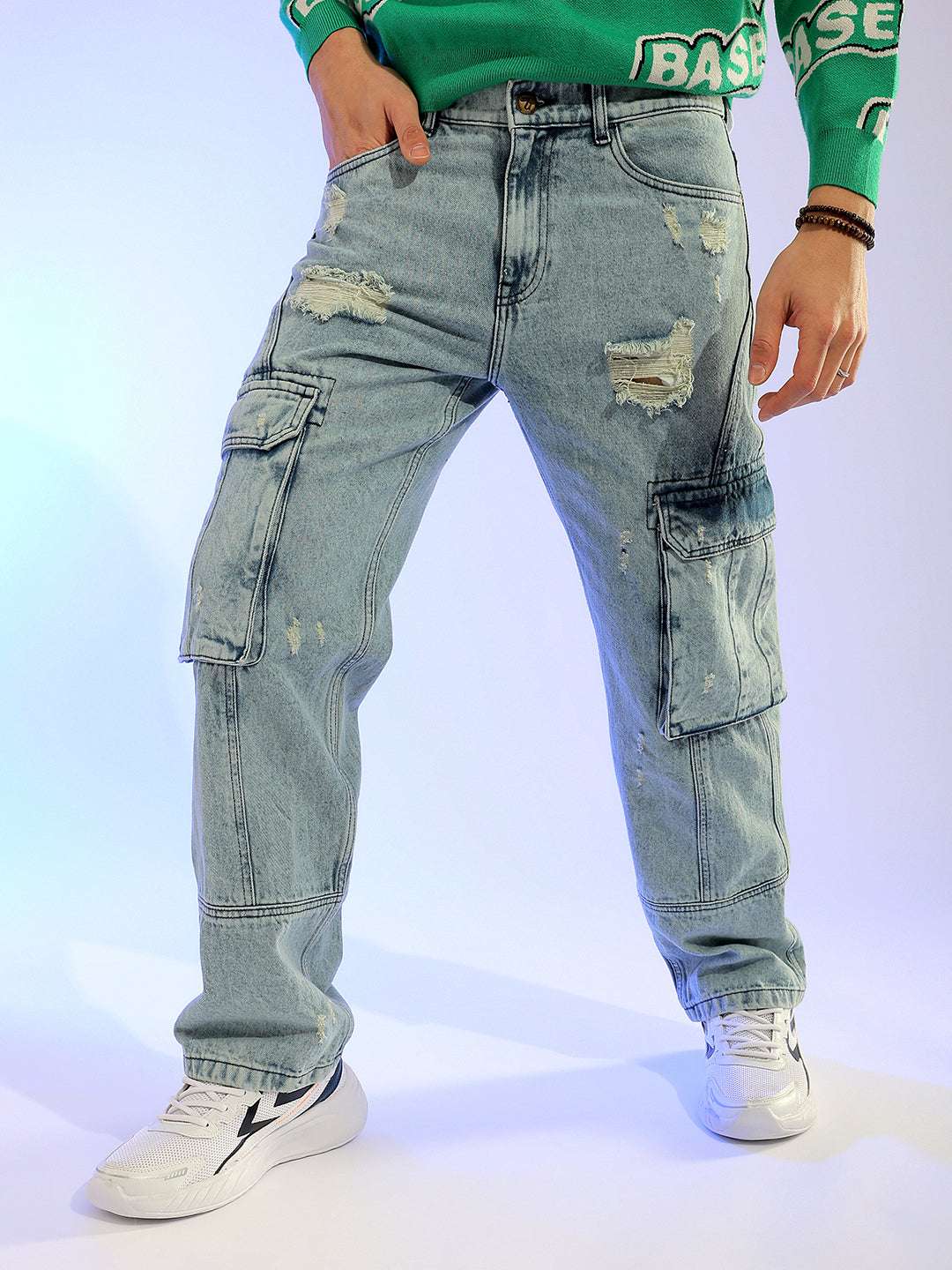Men's Blue Relaxed Fit Distressed Mid-Rise Cargo Denim