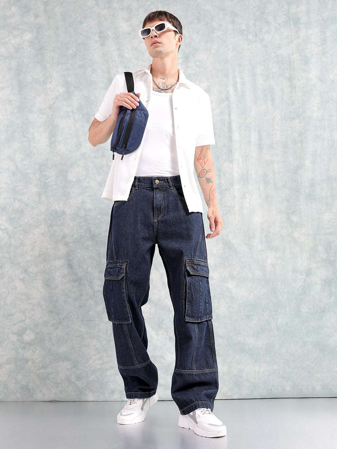 Men's Navy Blue Relaxed Fit Distressed Mid-Rise Cargo Denim - Image 2