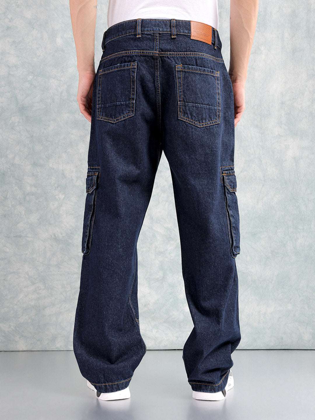 Men's Navy Blue Relaxed Fit Distressed Mid-Rise Cargo Denim - Image 3
