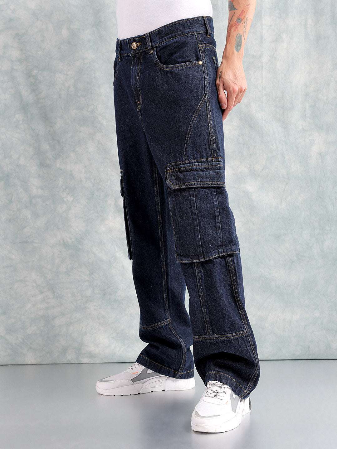 Men's Navy Blue Relaxed Fit Distressed Mid-Rise Cargo Denim - Image 4