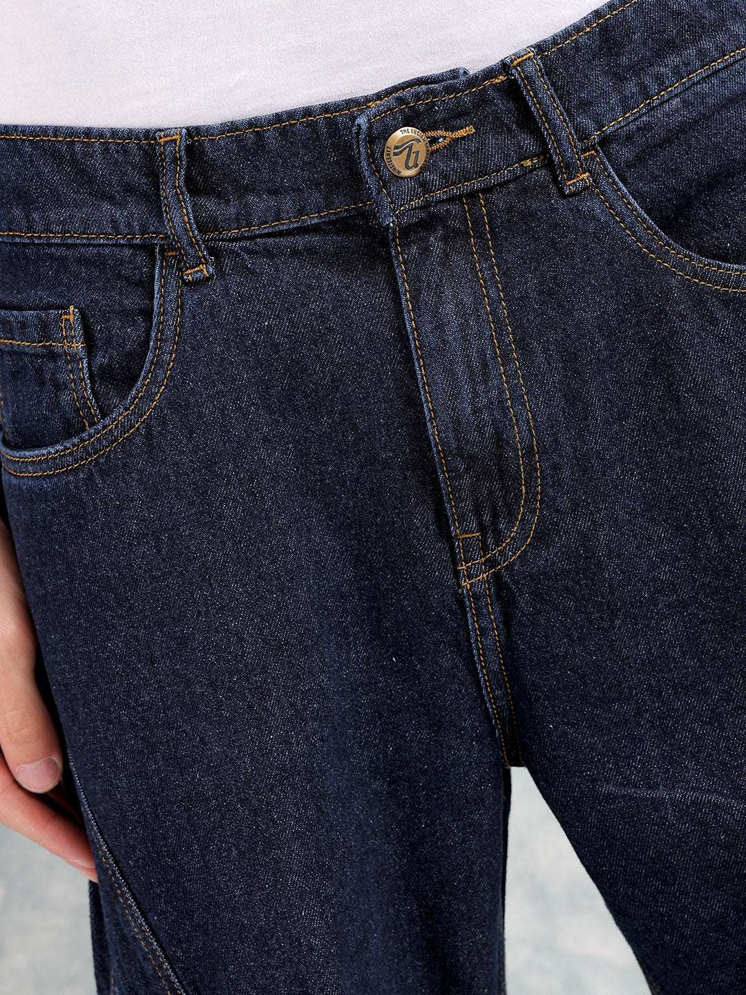 Men's Navy Blue Relaxed Fit Distressed Mid-Rise Cargo Denim - Image 5