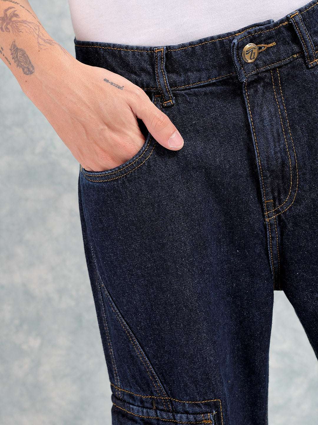 Men's Navy Blue Relaxed Fit Distressed Mid-Rise Cargo Denim - Image 6