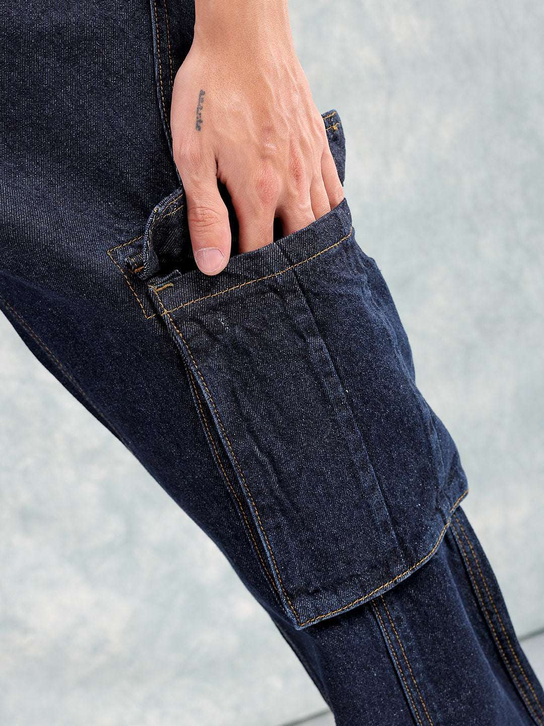 Men's Navy Blue Relaxed Fit Distressed Mid-Rise Cargo Denim - Image 7