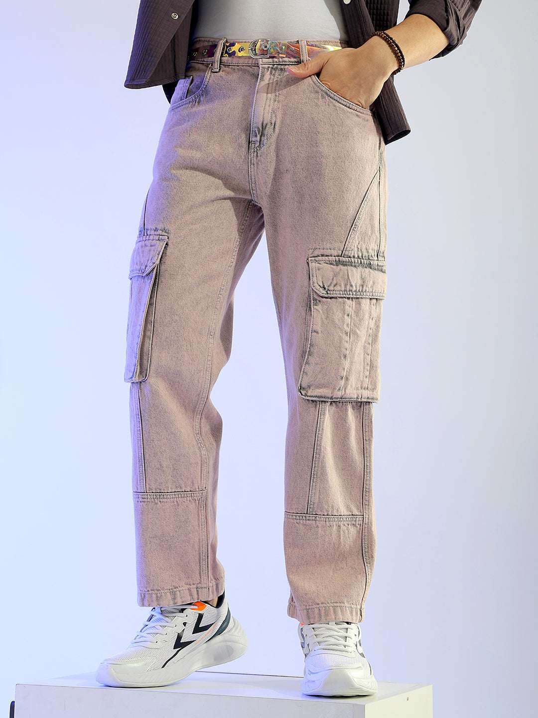 Men's Purple Relaxed Fit Distressed Mid-Rise Cargo Denim