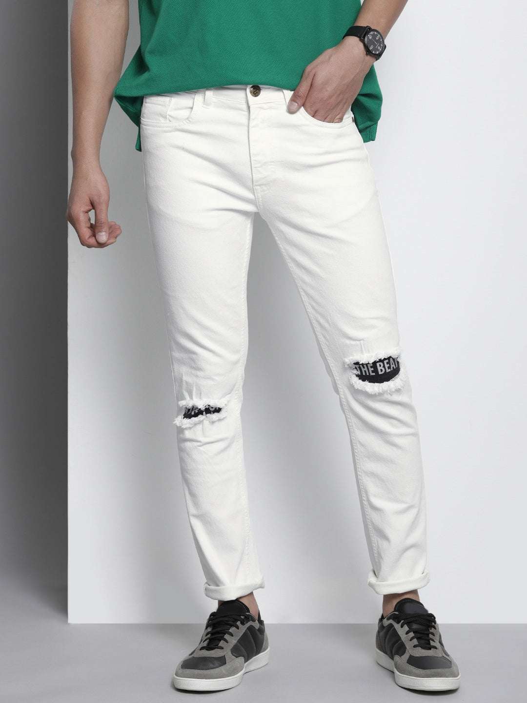 Men's White Slim Fit Paint Splash Casual Jeans