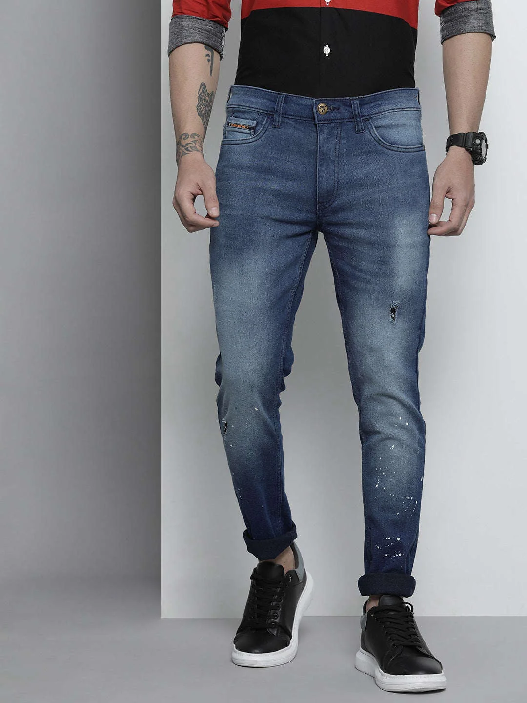 Men's Dark Blue Slim Fit Paint Splash Casual Jeans