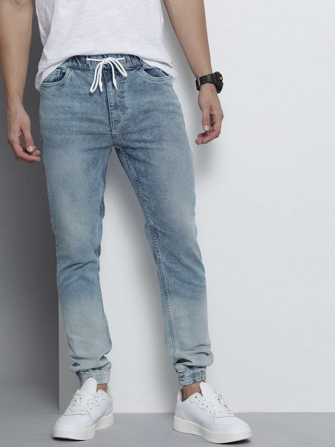 Men's Blue Slim Fit Overdyed Mid-Rise Stretchable Denim Joggers