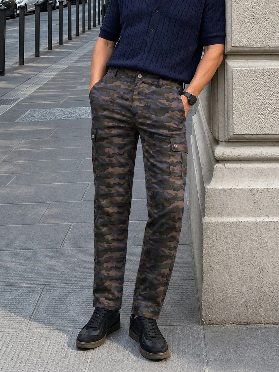 Men's Grey Slim Fit Camouflage Print Cargo