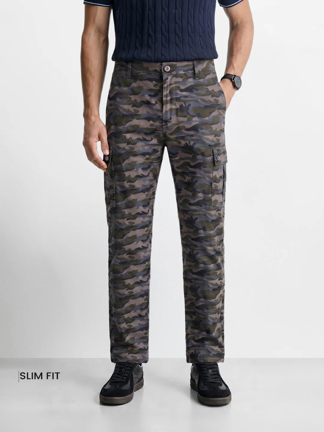 Men's Grey Slim Fit Camouflage Print Cargo - Image 2