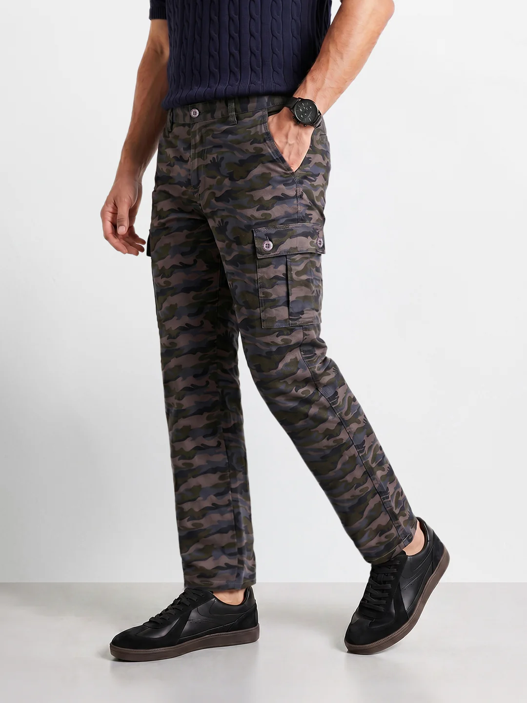 Men's Grey Slim Fit Camouflage Print Cargo - Image 4