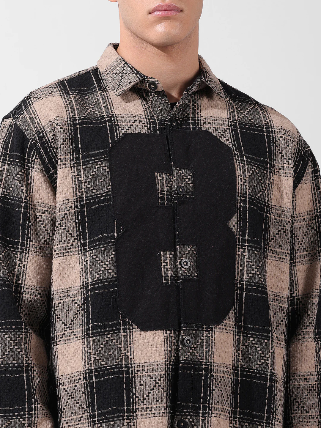Men's Black Relaxed Fit Checkered Embroidered Shirt - Image 3
