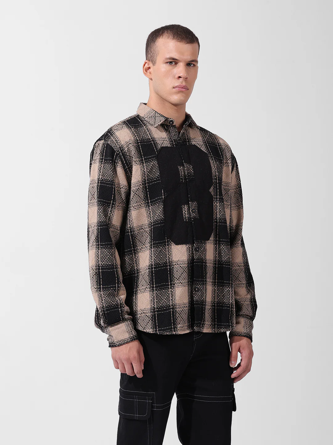Men's Black Relaxed Fit Checkered Embroidered Shirt - Image 4