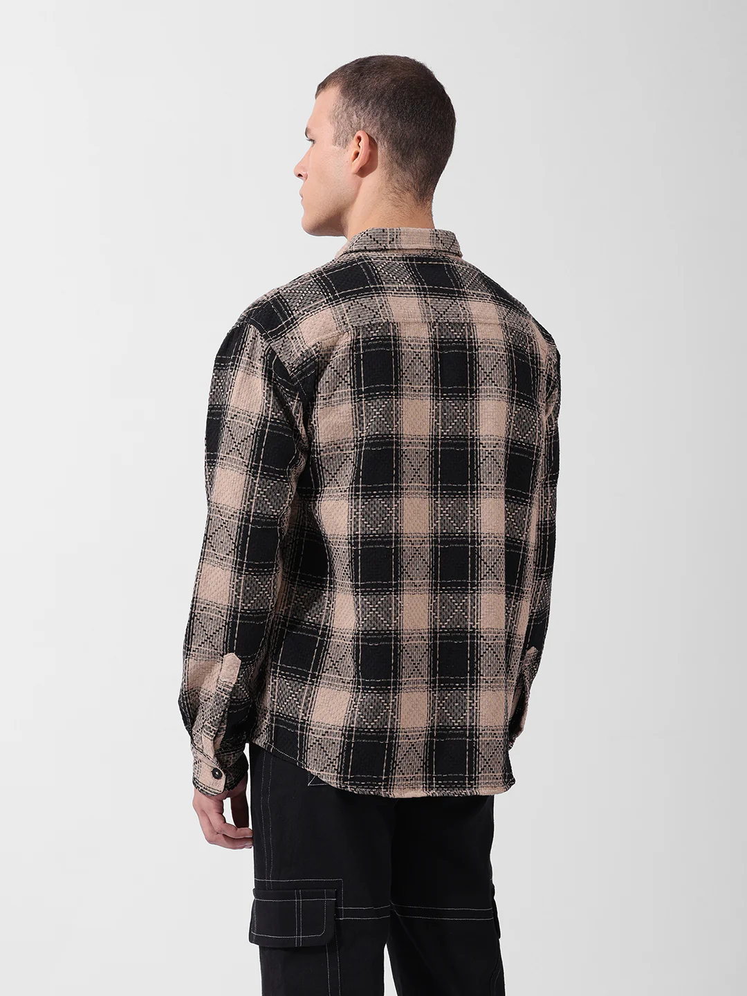 Men's Black Relaxed Fit Checkered Embroidered Shirt - Image 5