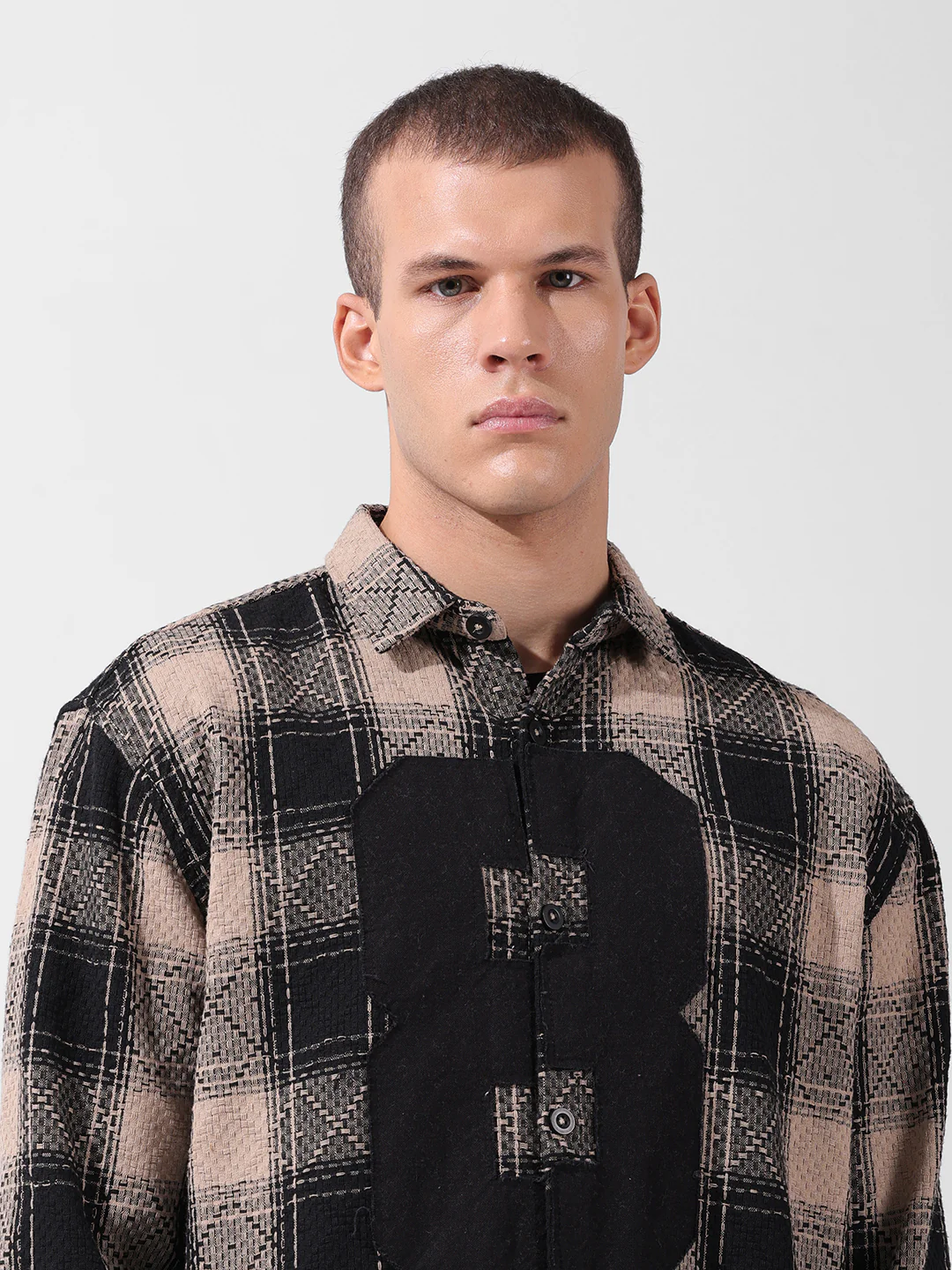 Men's Black Relaxed Fit Checkered Embroidered Shirt - Image 6
