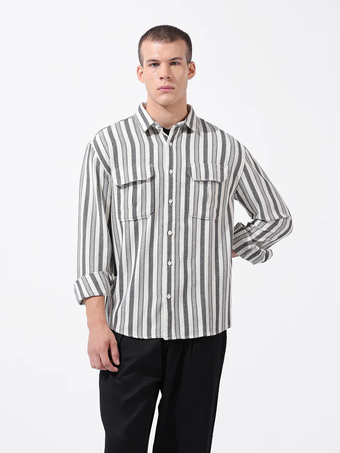 Men's Black Relaxed Fit Striped Casual Shirt - Image 4