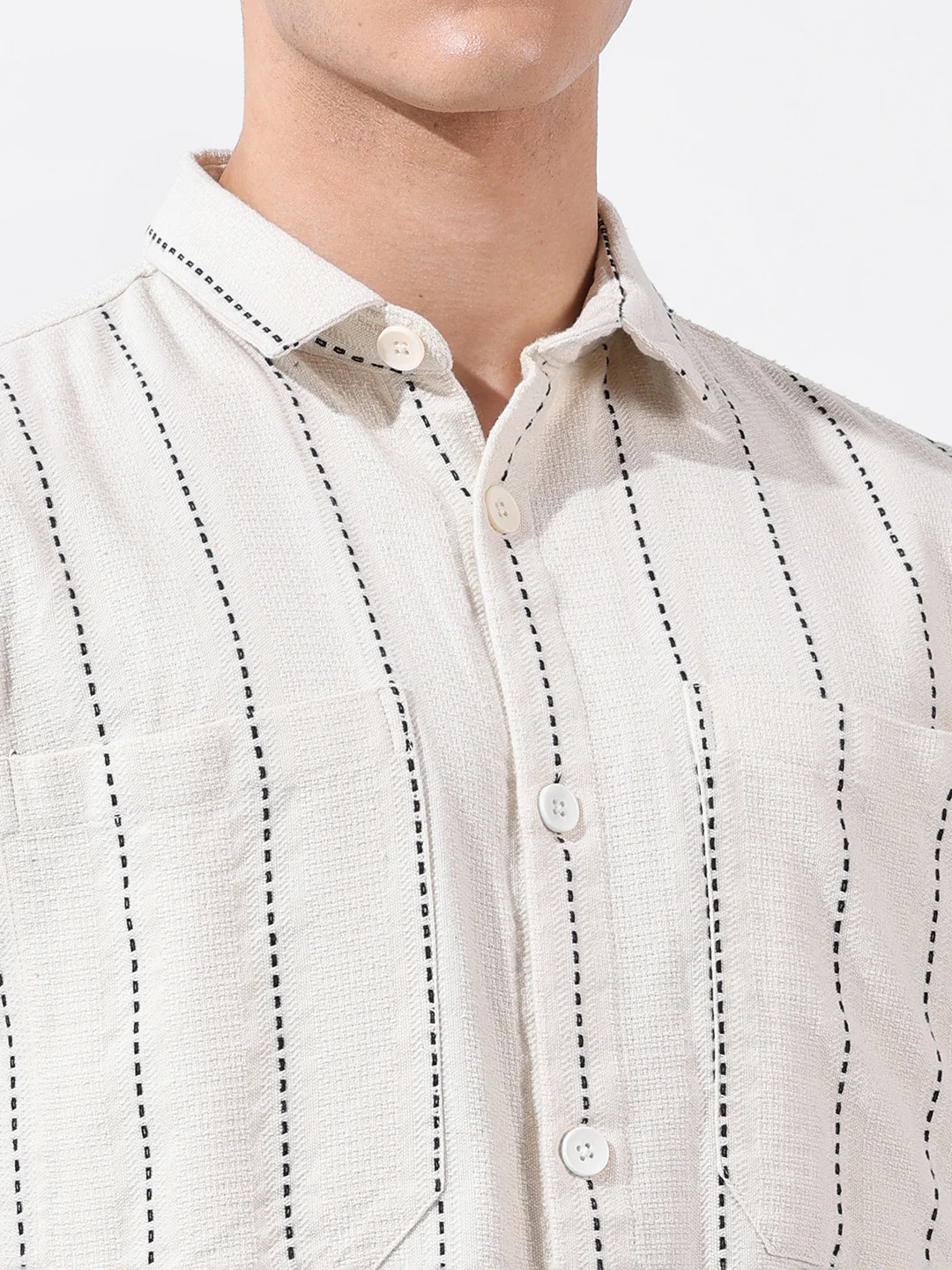Men's Off White Relaxed Fit Striped Resort Wear Shirt - Image 3