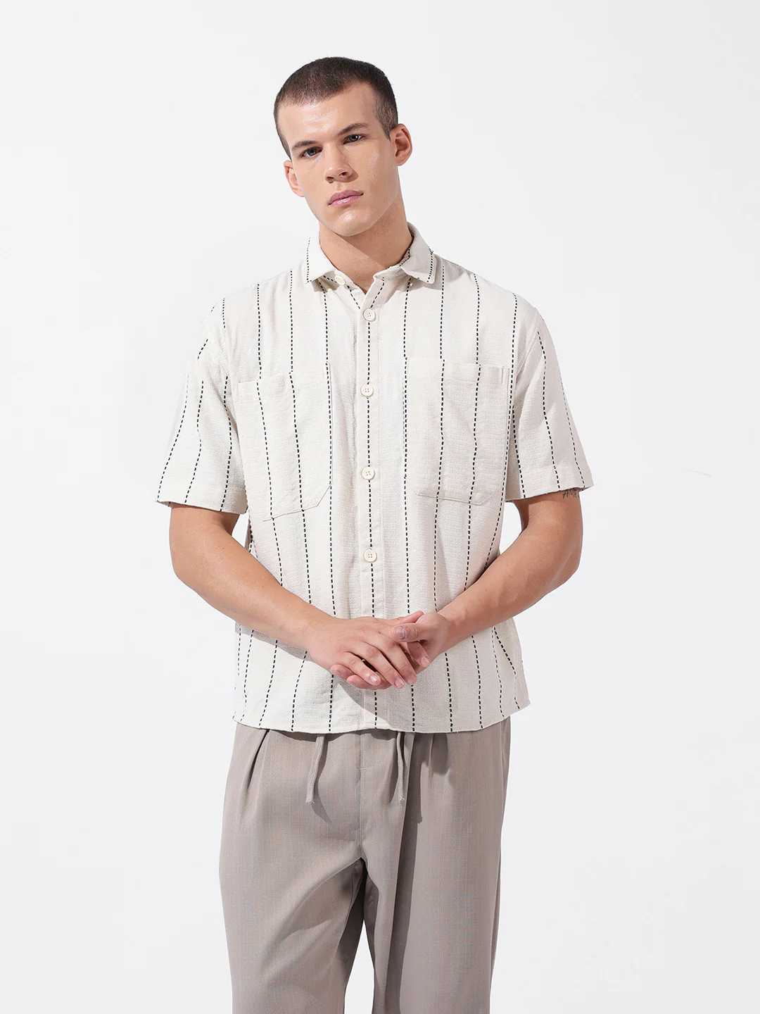Men's Off White Relaxed Fit Striped Resort Wear Shirt - Image 6