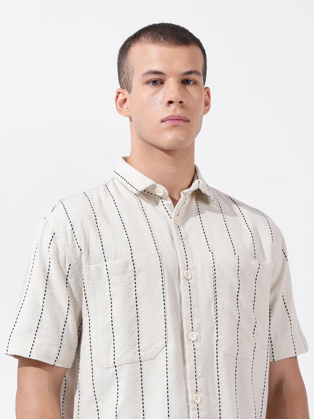 Men's Off White Relaxed Fit Striped Resort Wear Shirt - Image 7