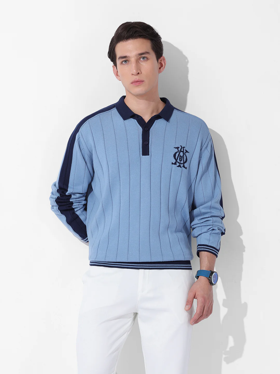 Men's Blue Oversized Fit Textured Flat Knit Polo T-Shirt