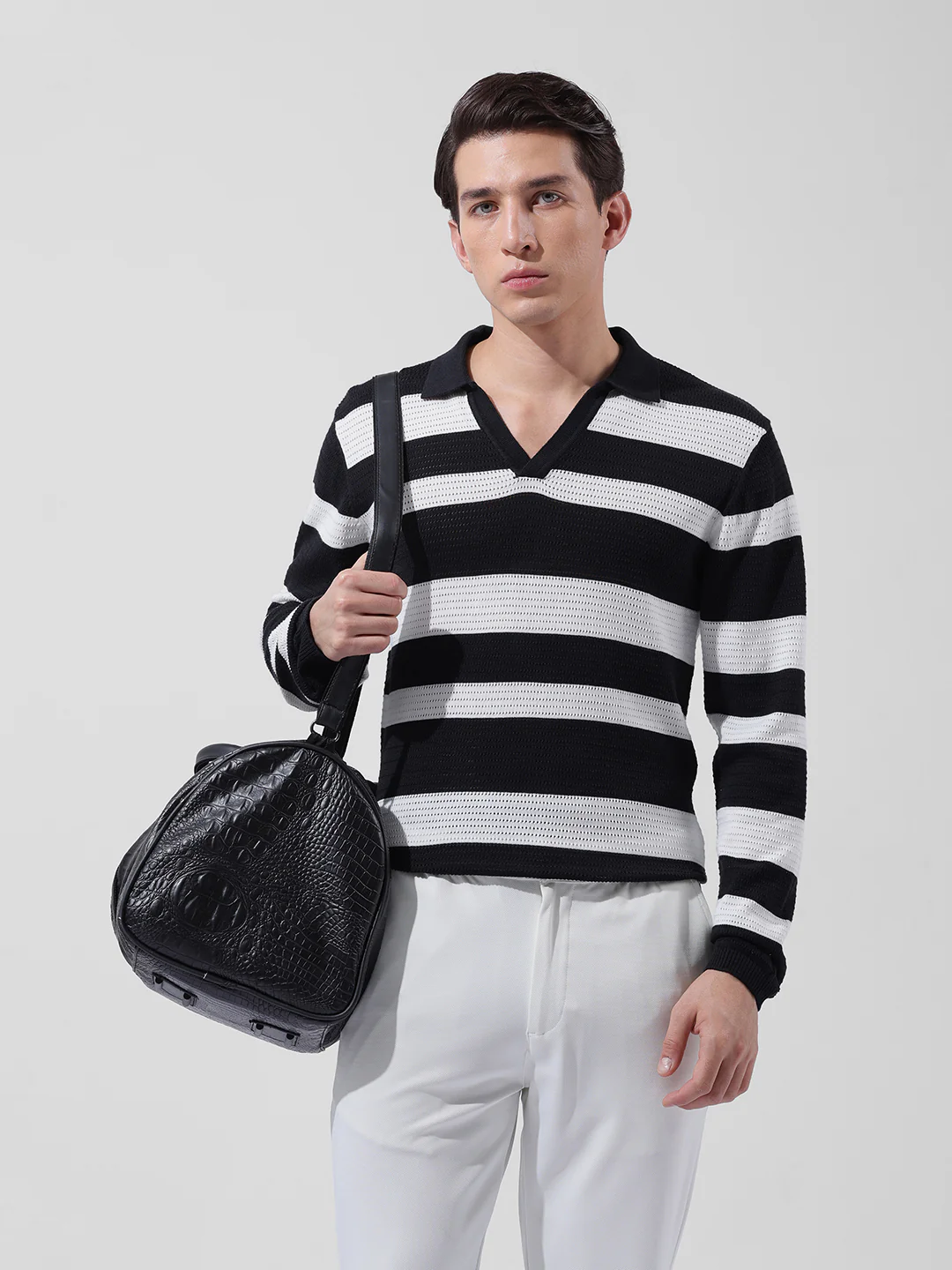 Men's Black Slim Fit Striped Flat Knit Polo Polo T-Shirt