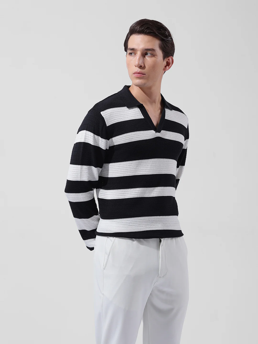 Men's Black Slim Fit Striped Flat Knit Polo Polo T-Shirt - Image 2
