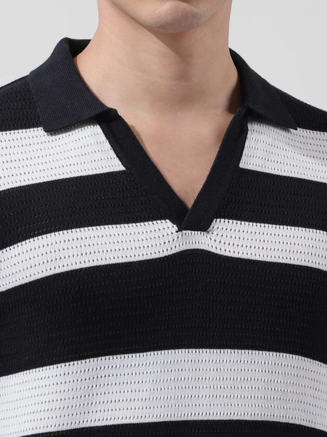 Men's Black Slim Fit Striped Flat Knit Polo Polo T-Shirt - Image 3