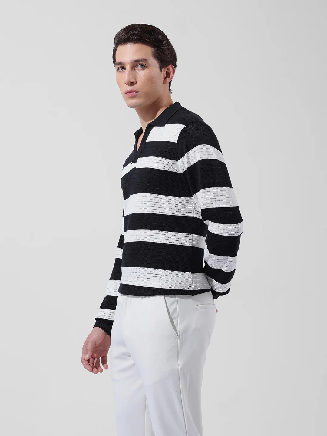 Men's Black Slim Fit Striped Flat Knit Polo Polo T-Shirt - Image 4