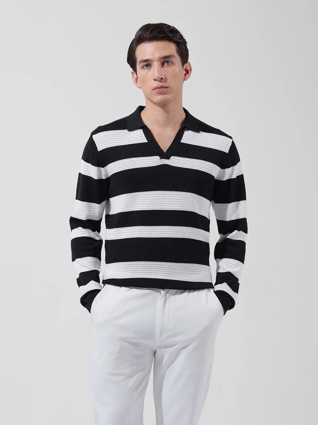 Men's Black Slim Fit Striped Flat Knit Polo Polo T-Shirt - Image 7
