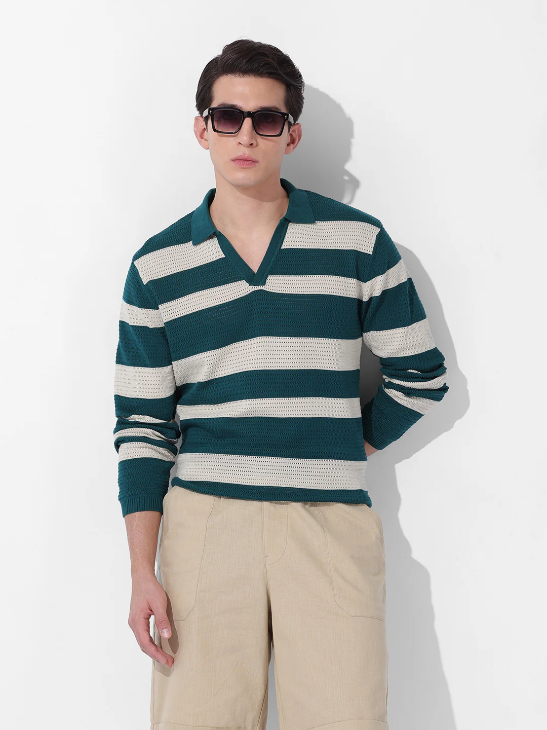 Men's Green Slim Fit Striped Flat Knit Polo  Polo T-Shirt - Image 2