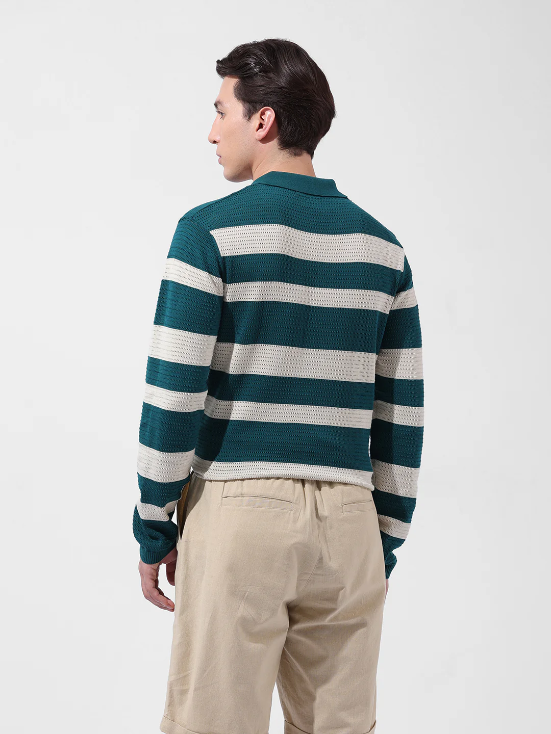 Men's Green Slim Fit Striped Flat Knit Polo  Polo T-Shirt - Image 6
