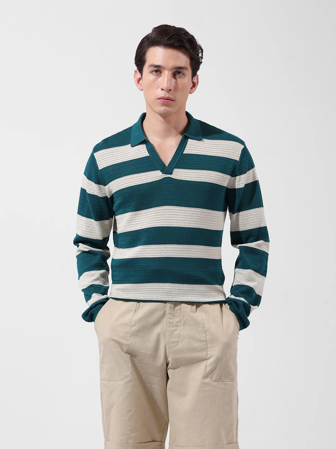 Men's Green Slim Fit Striped Flat Knit Polo  Polo T-Shirt - Image 8